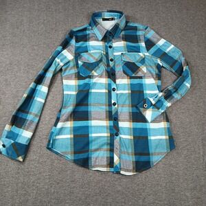 DJT Womens Blue Teal Plaid Roll Tab Long Sleeve Button Down Shirt Size M